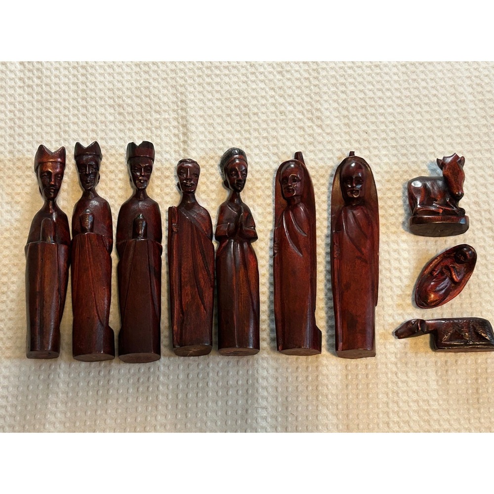 Hand Carved Wood African Nativity Set 10 Piece Dark Wood Christmas Decor